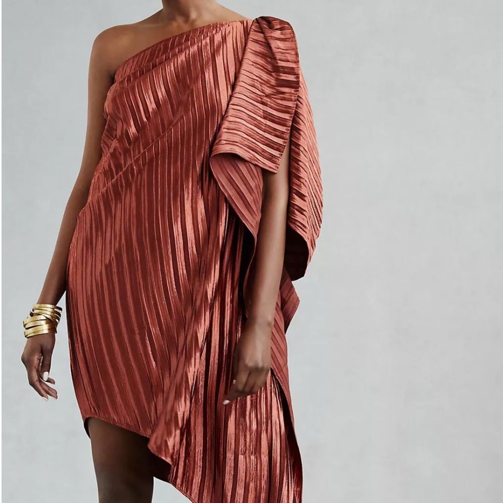 Copper One Shoulder Dress Anthropologie Guapa Mini shimmer glamour party size 8 - Picture 5 of 10